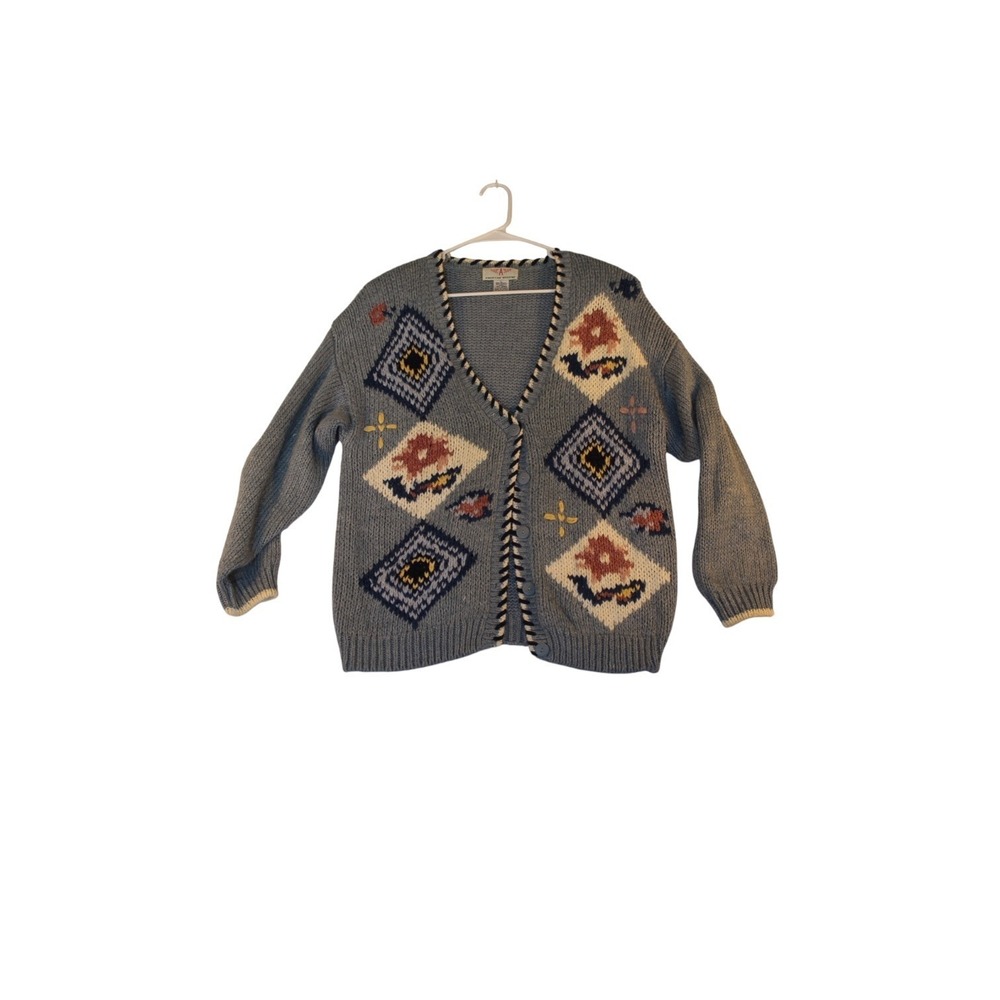 VTG American Weekend Cardigan Sweater Womens Large Brown Geometric Button Front